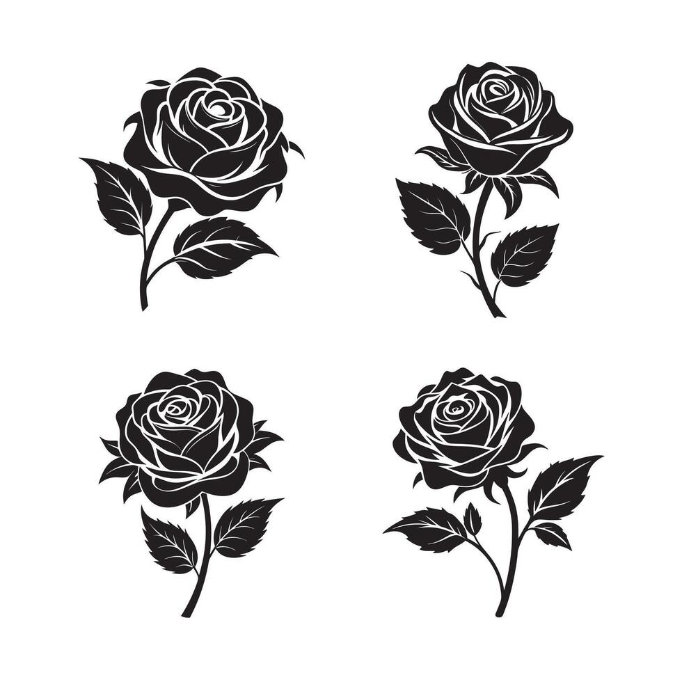 Set of decorative rose with leaves. Flower silhouette illustration design. vector