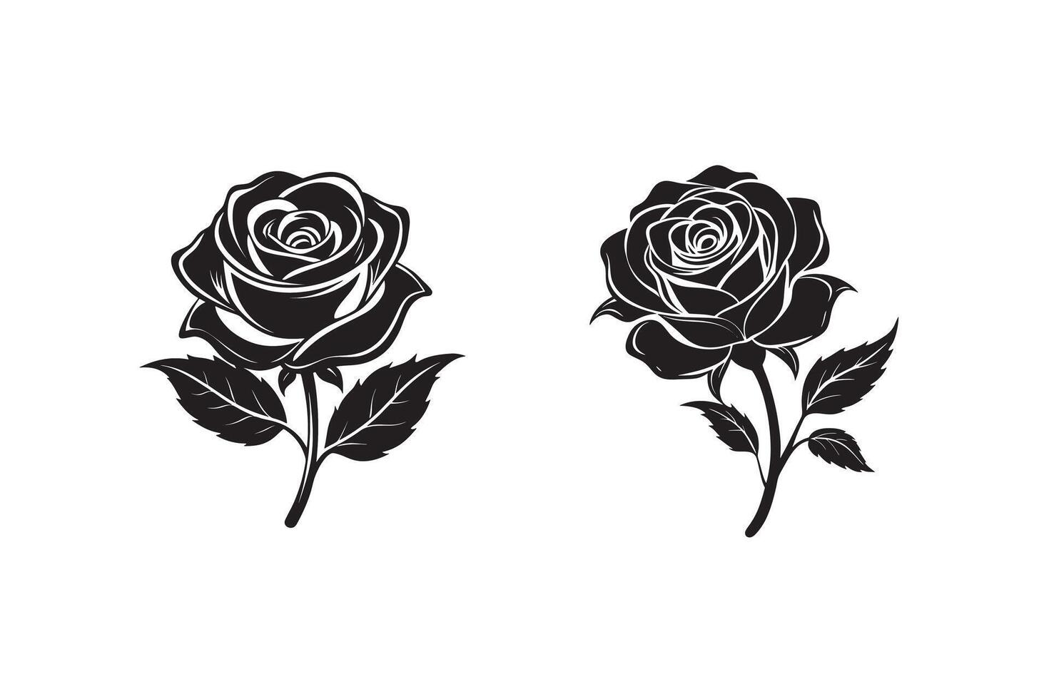 Black silhouette of rose flower isolated on white background. vector