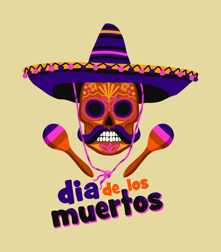 Sugar skull in sombrero with maracas. Bright illustration. Day of the Dead symbol with lettering vector