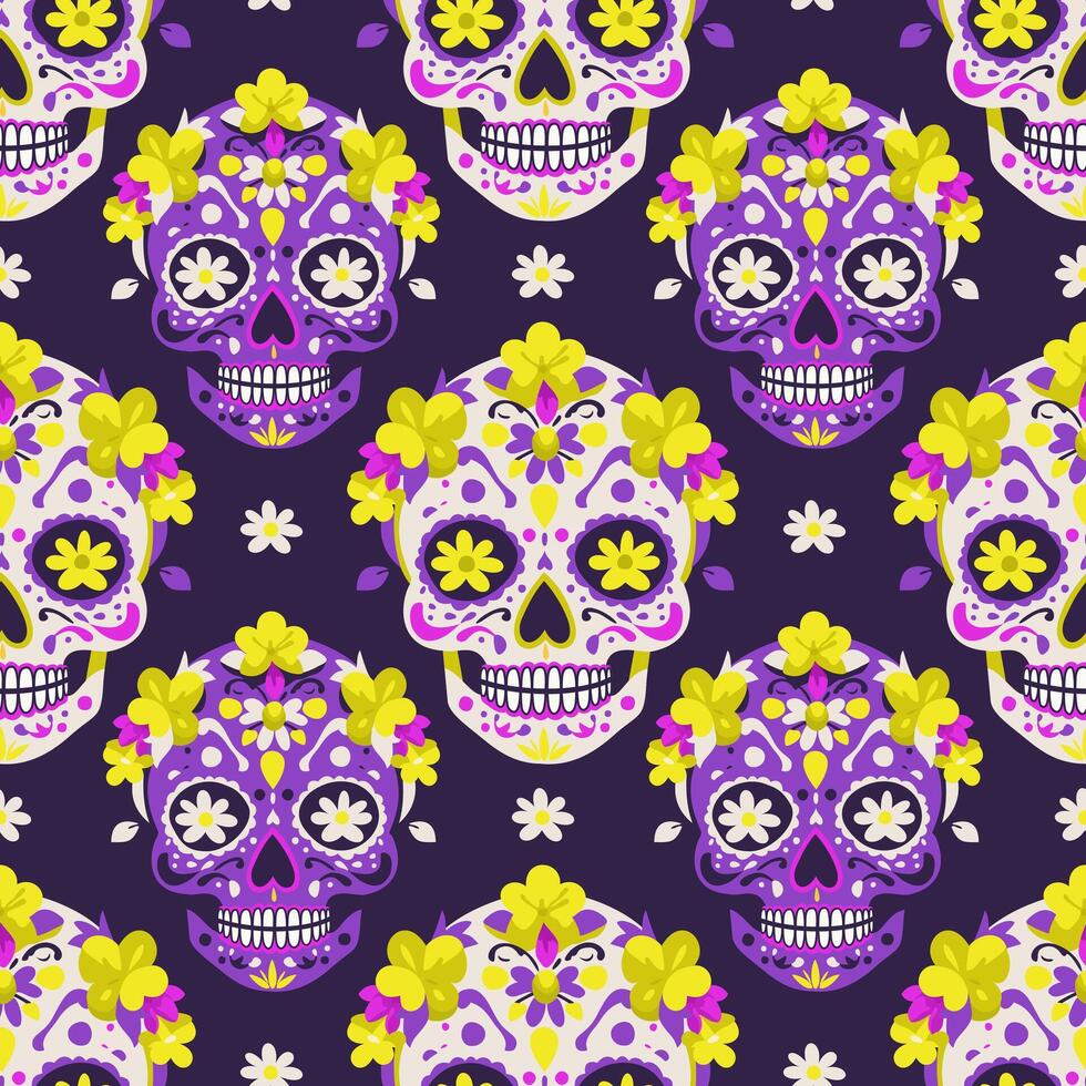 seamless pattern with bright sugar skulls on dark violet background vector