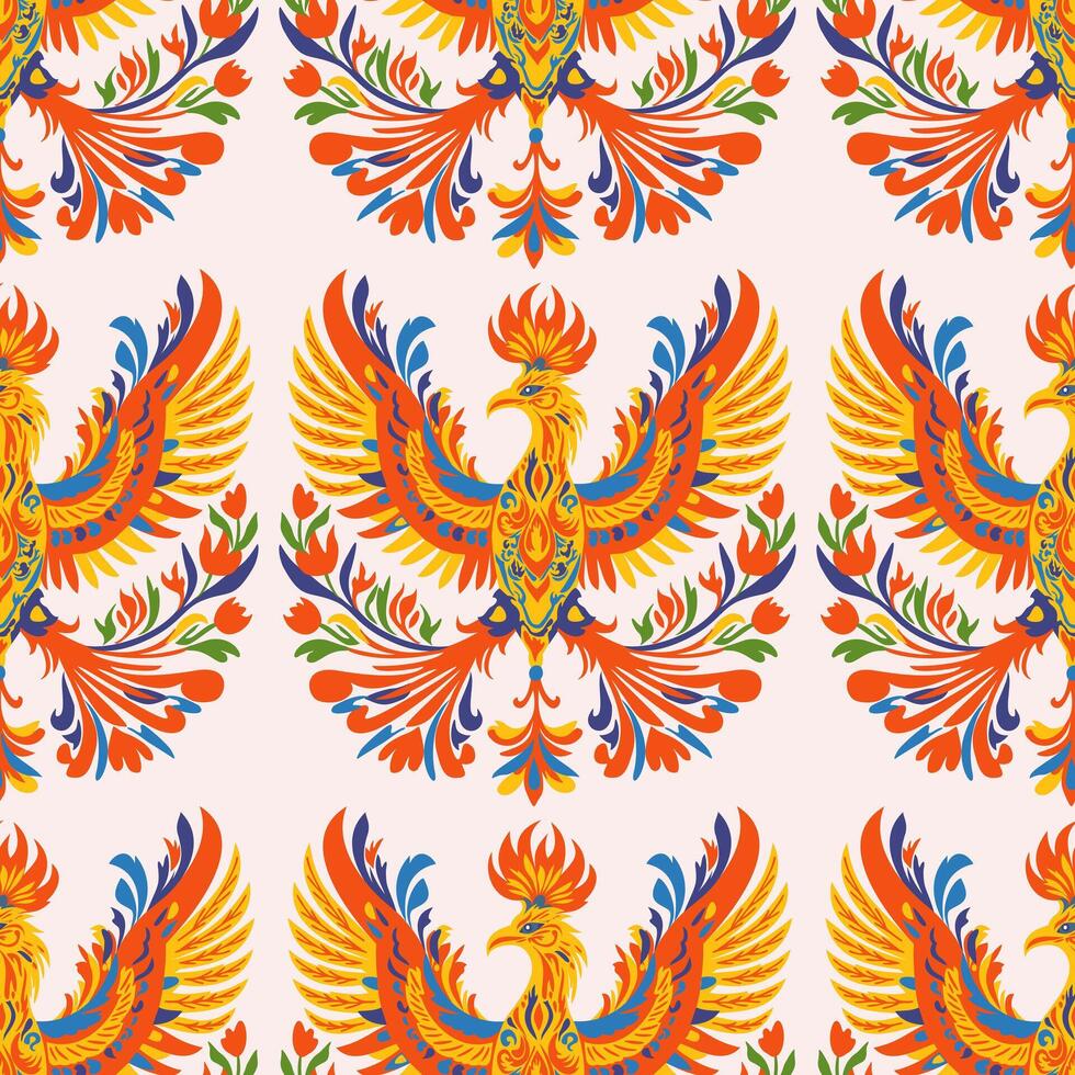seamless pattern with bright folk firebirds vector