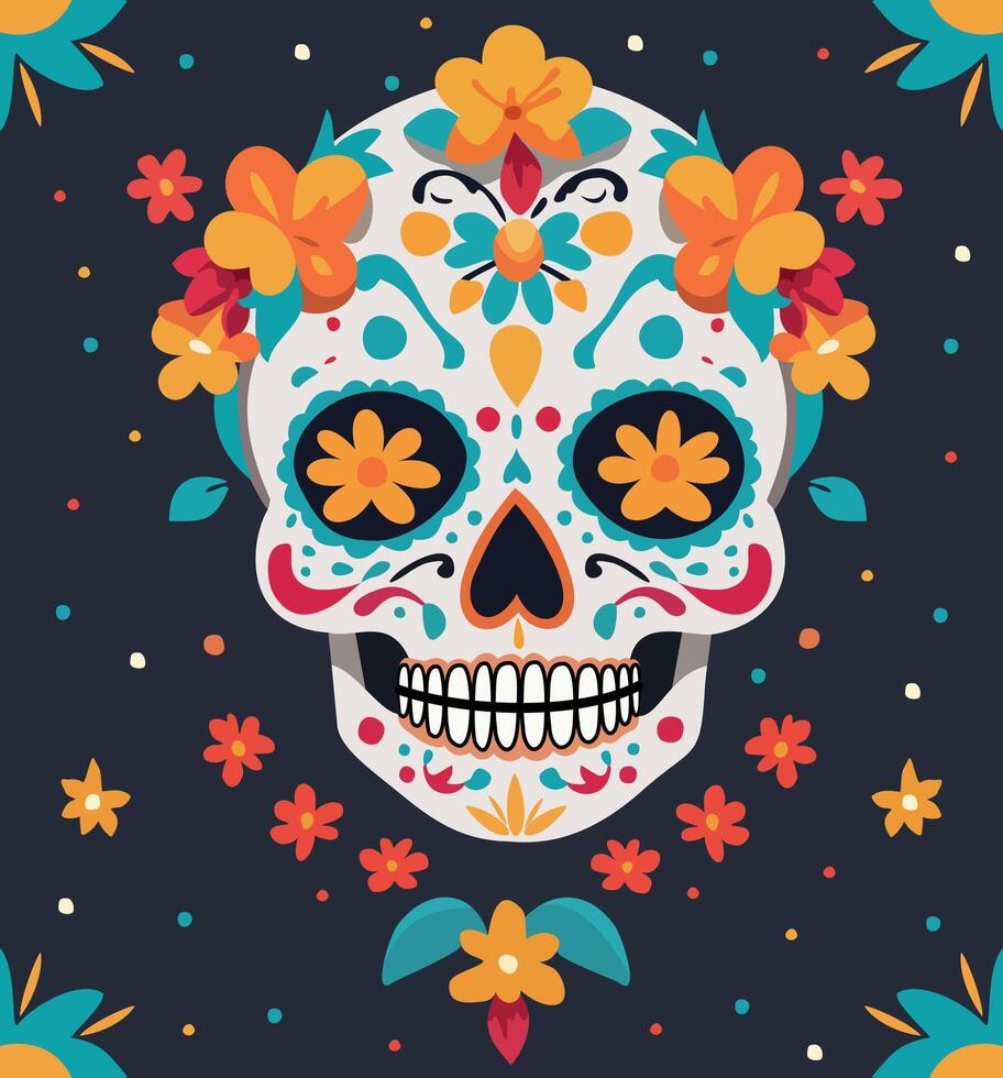Sugar skull. bright decorative illustration on dark blue background vector
