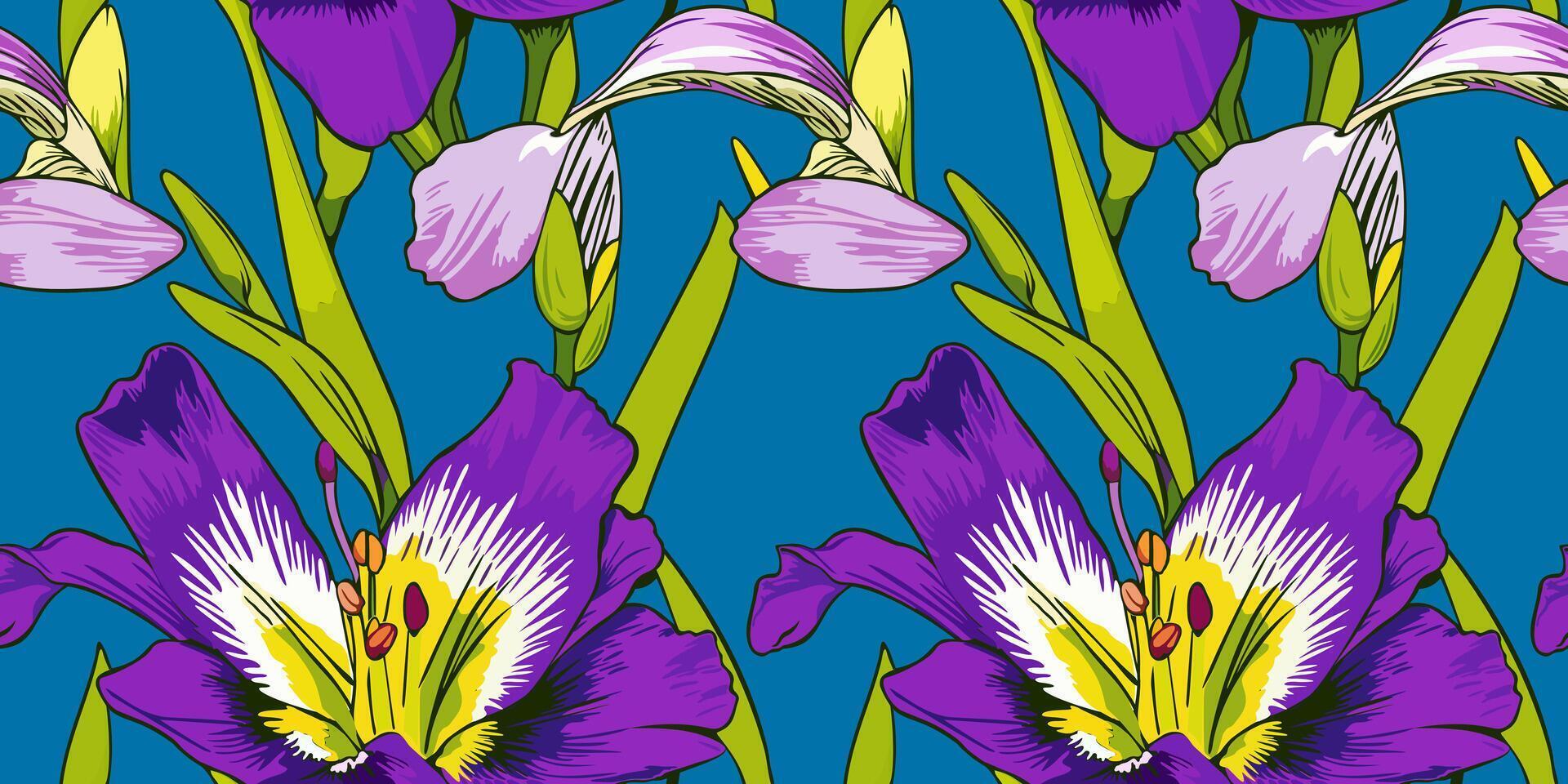 seamless pattern with freesia flowers on blue background vector