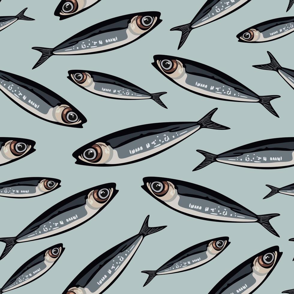 seamless pattern with sardines on light blue background vector