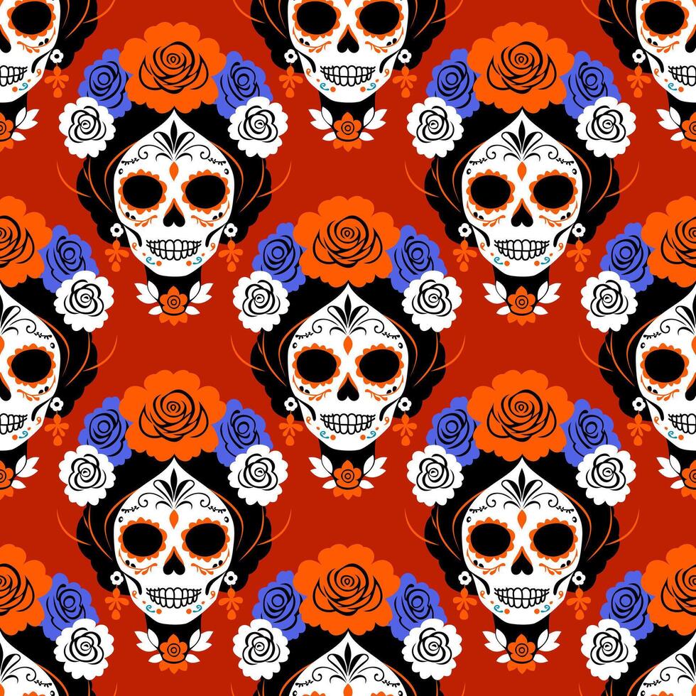 Bright seamless pattern with sugar skulls. Catrina head. Mexican Day of the Dead vector