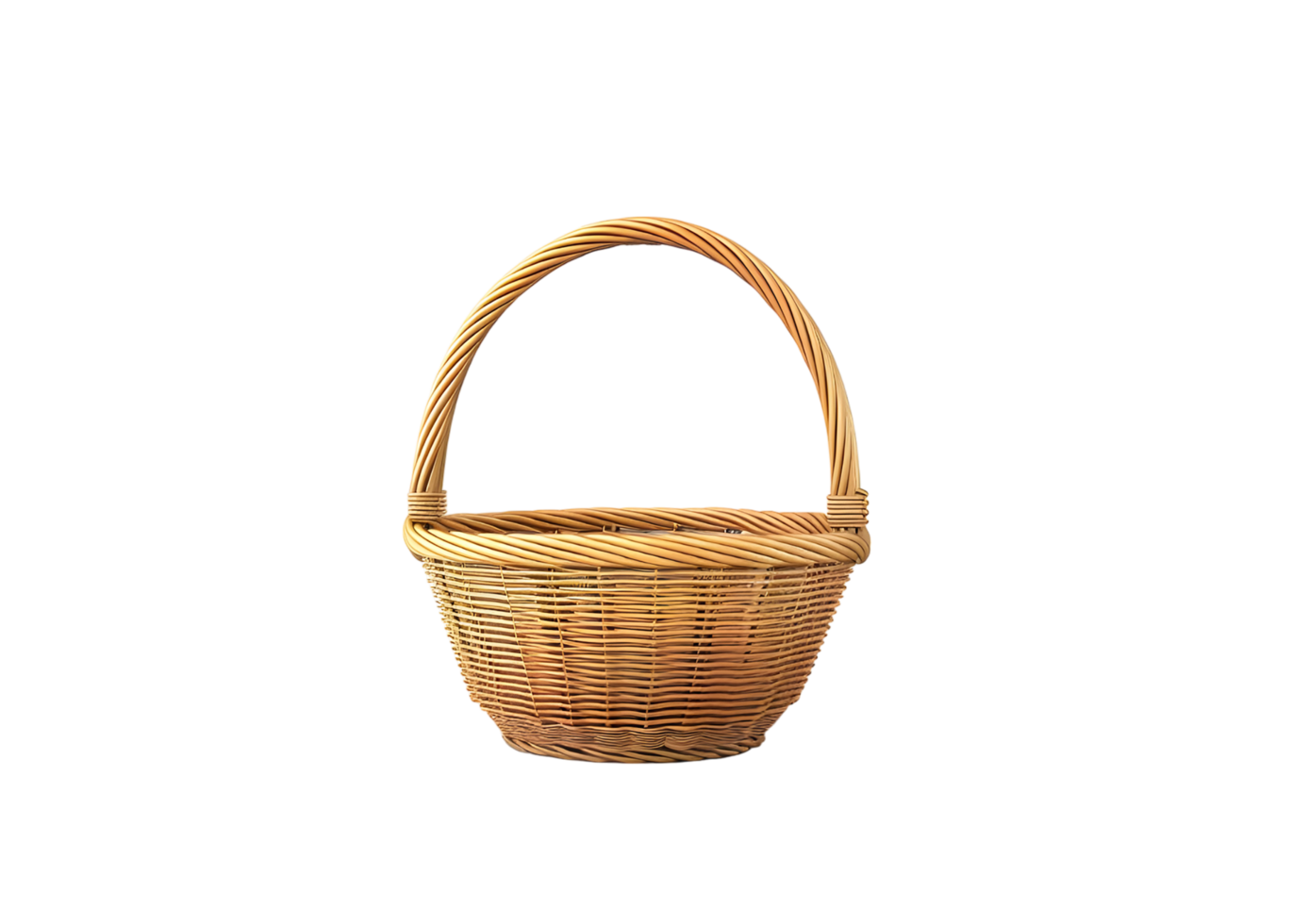 Empty wicker basket with handle. Isolated on transparent background png