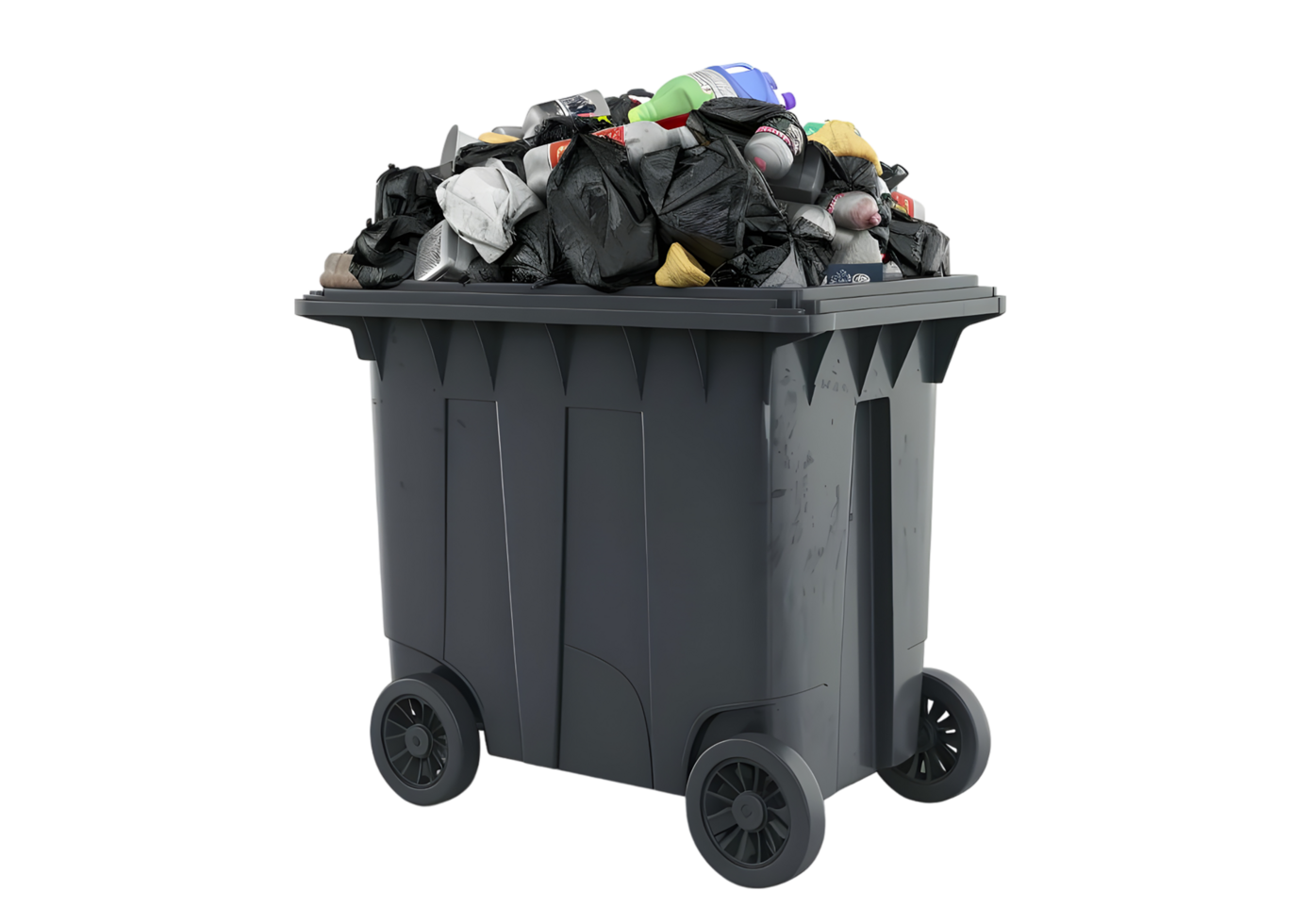 Full trash can with plastic bags and recyclables. Isolated on transparent background png