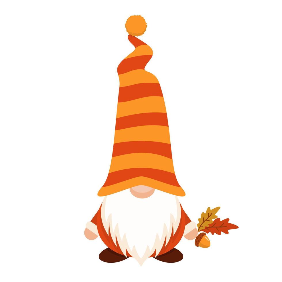 Autumn gnome in striped long cap. Cute harvest character with yellow foliage in hand in hat covering his eyes with white beard as festive scandinavian symbol of wealth vector