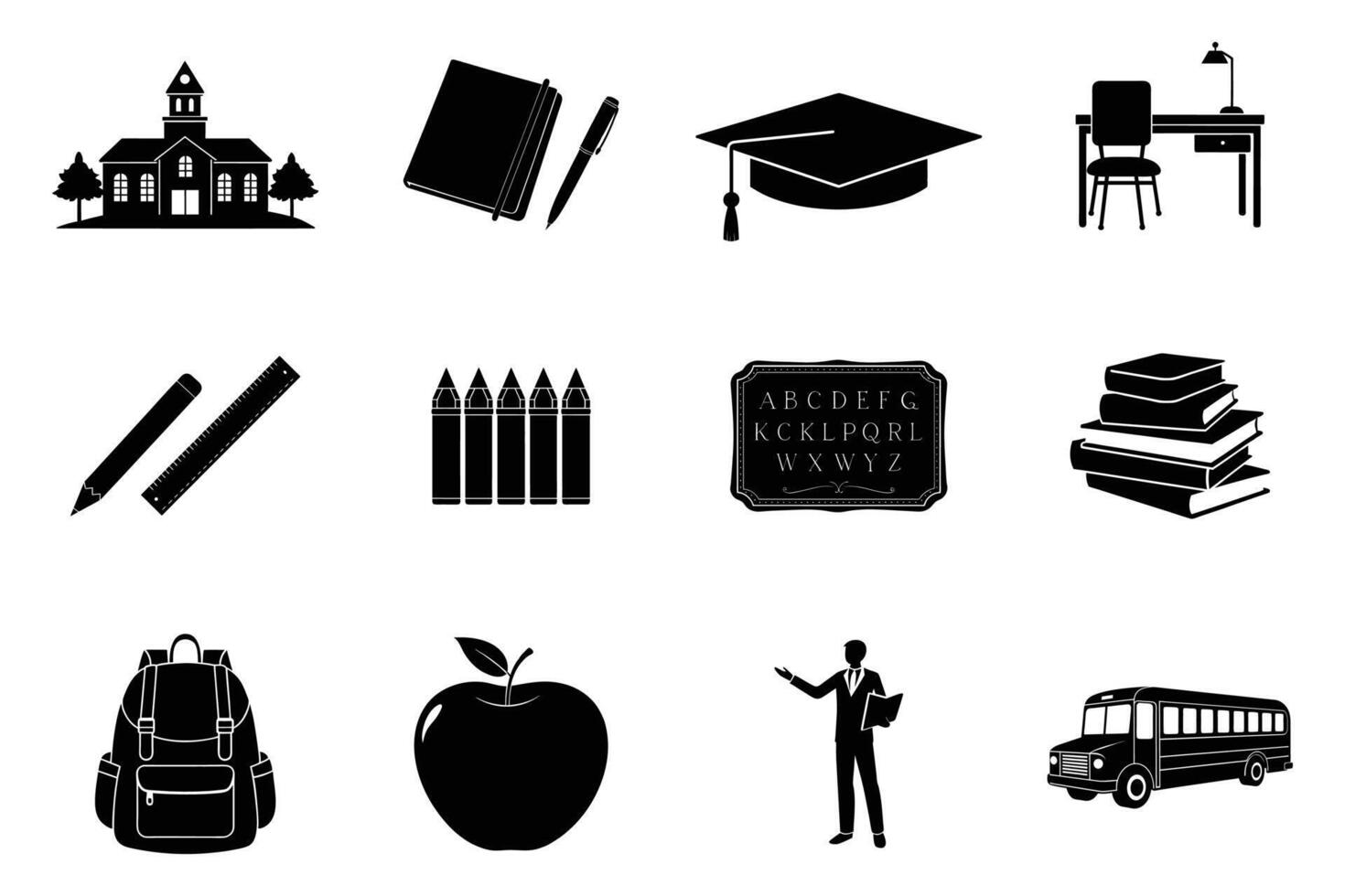 Back to School Essentials Silhouette Bundle,School Bus, Backpack, Pencil, Chalkboard, Graduation Cap Illustrations vector