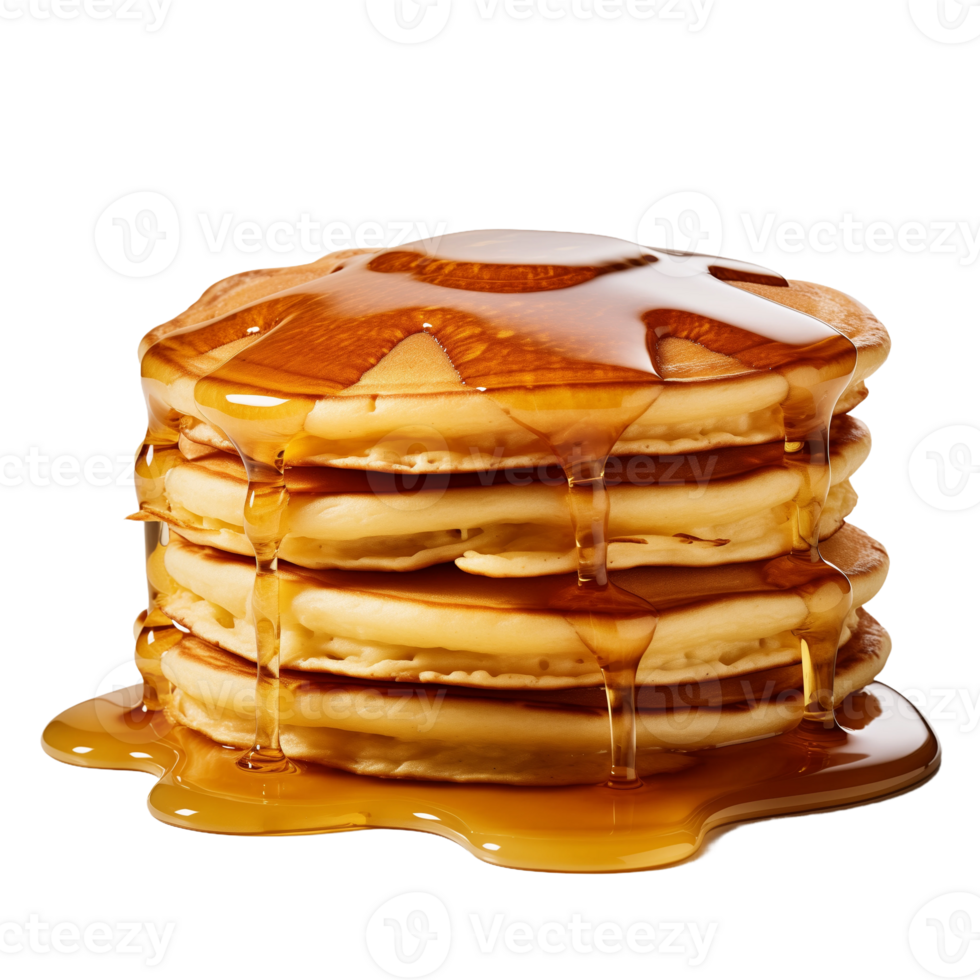 Stack of four delicious golden pancakes drizzled with maple syrup png