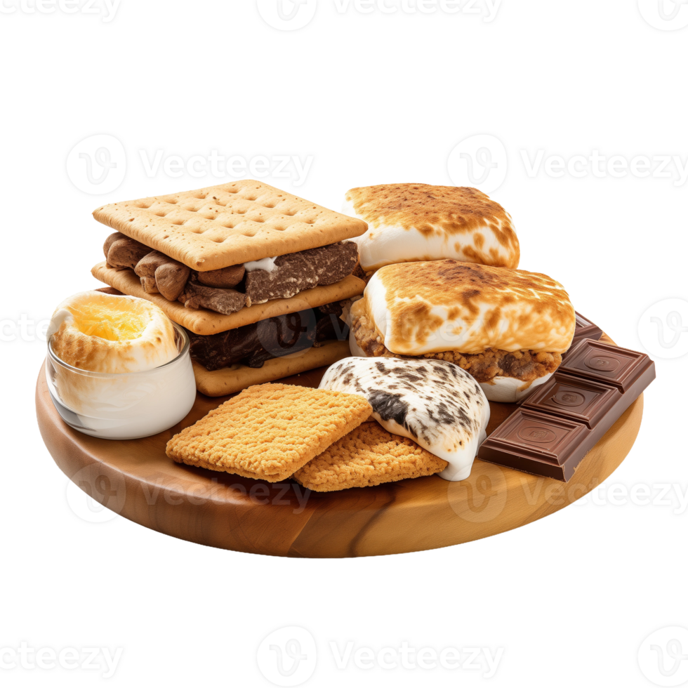 S'mores ingredients on wooden board, graham crackers, chocolate bars, marshmallows, and chocolate spread png