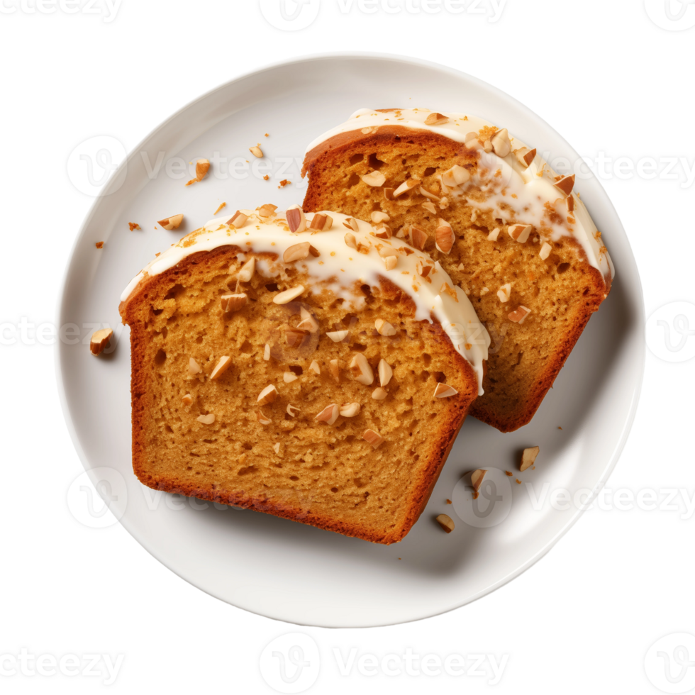 Two slices of pumpkin bread with cream cheese frosting and nuts png