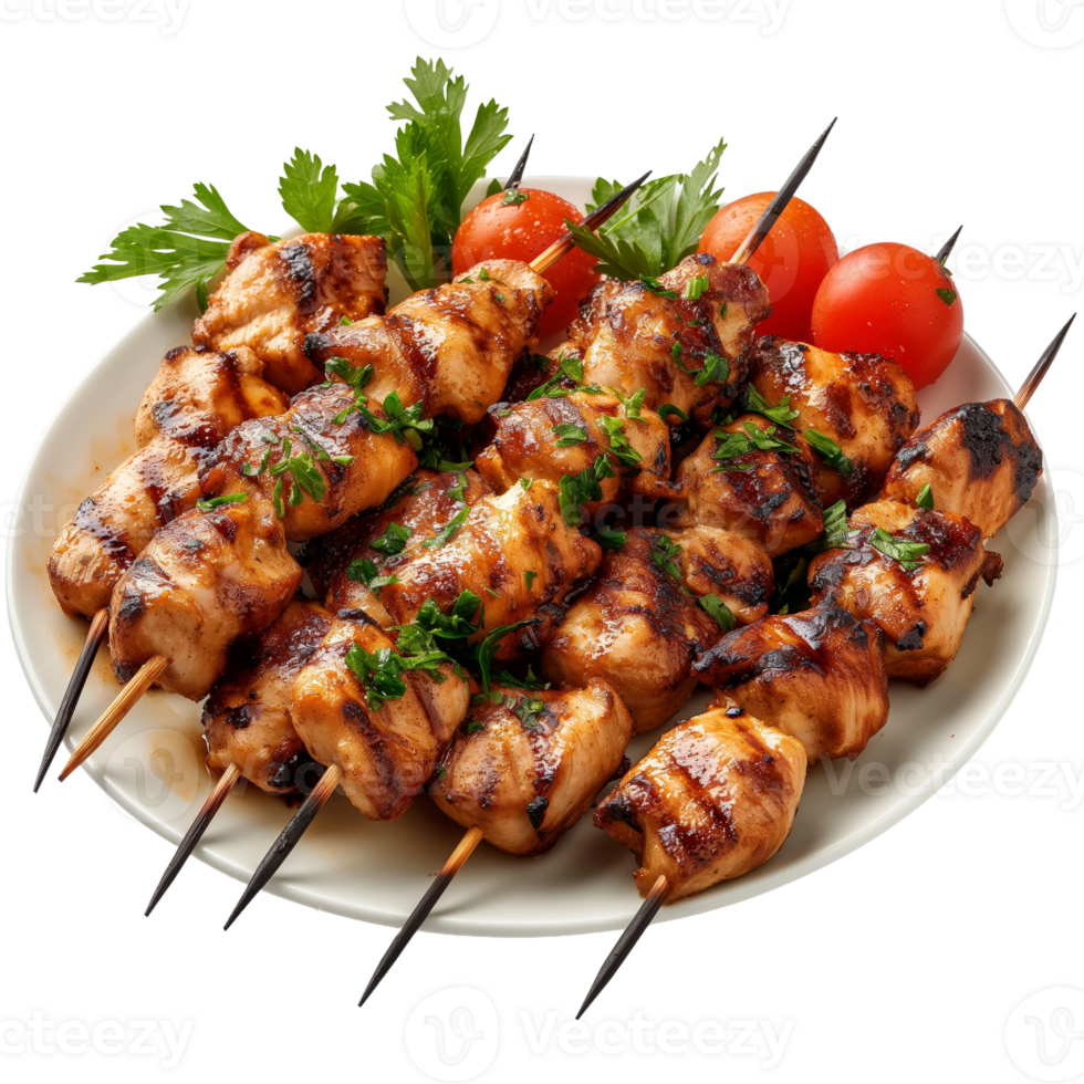 Grilled chicken skewers with cherry tomatoes and parsley on a white plate. png