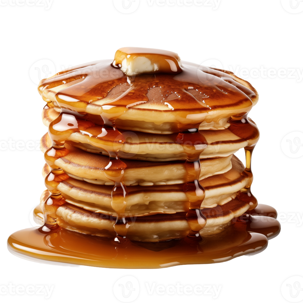 Close up of a stack of golden brown pancakes topped with butter and maple syrup png