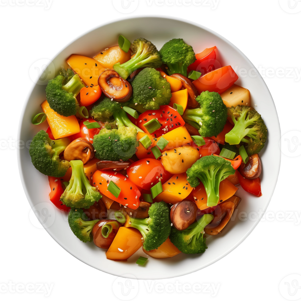 Delicious and healthy stir fried vegetables with broccoli, peppers, and mushrooms. Perfect for a quick and easy meal. png