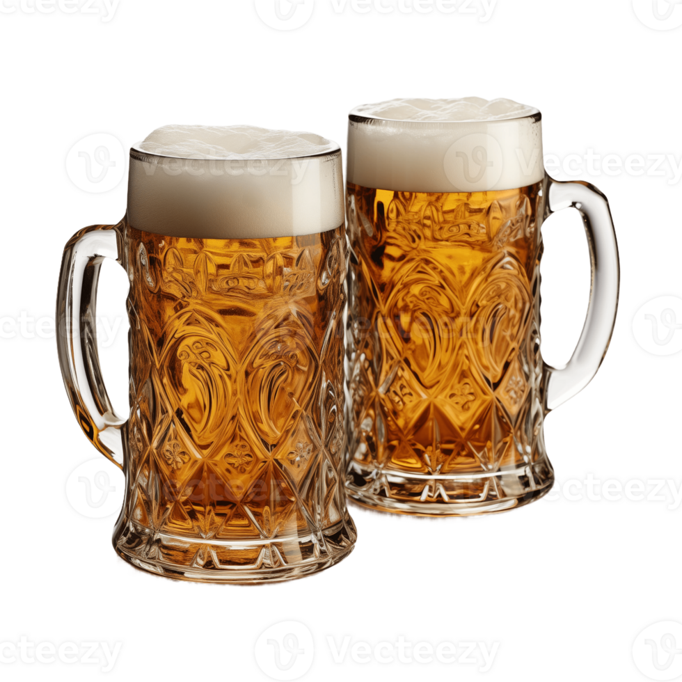 Two glass beer mugs with handles, filled with cold, refreshing beer and a frothy head. png