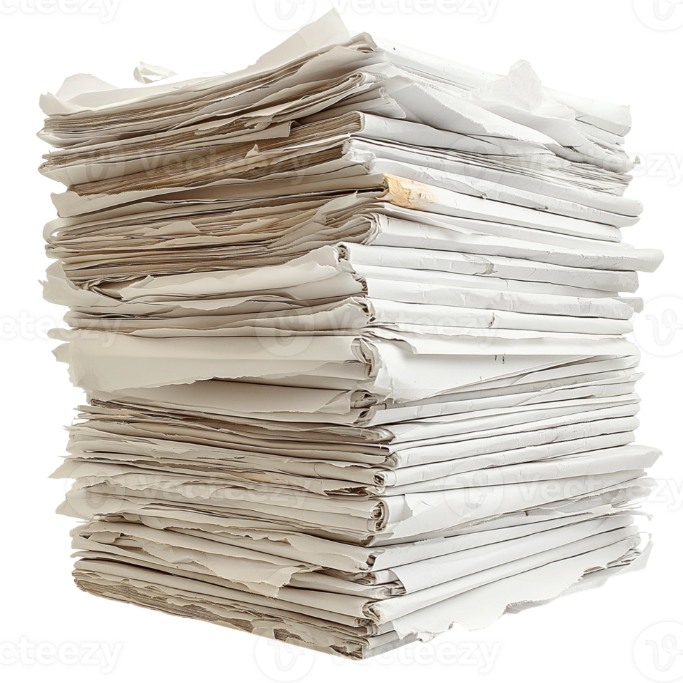 Stack of old newspapers. Concept of news, information, history, nostalgia, and recycling. png