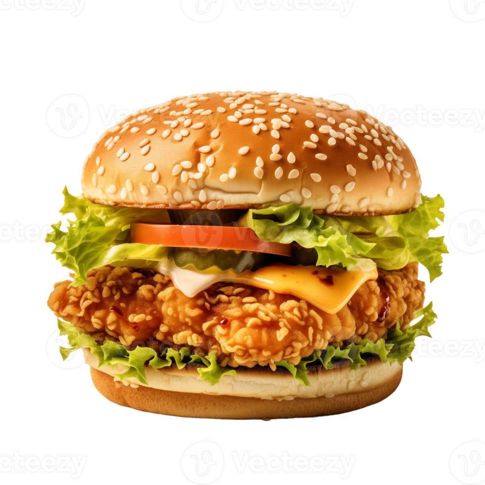 Crispy Chicken Burger with Lettuce, Tomato, and Cheese png