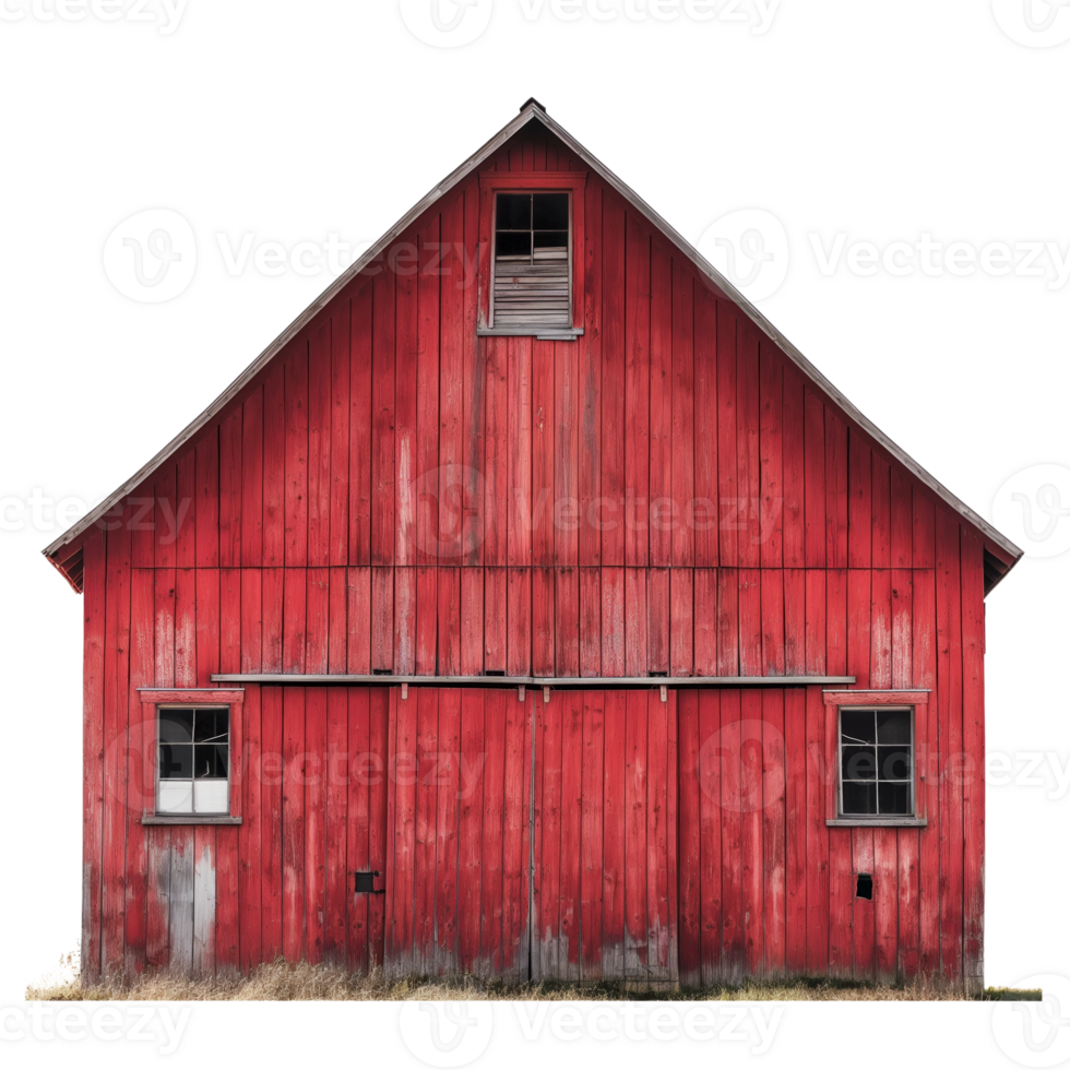 Classic red barn with rustic wood siding, a gambrel roof, and a weathered appearance. png