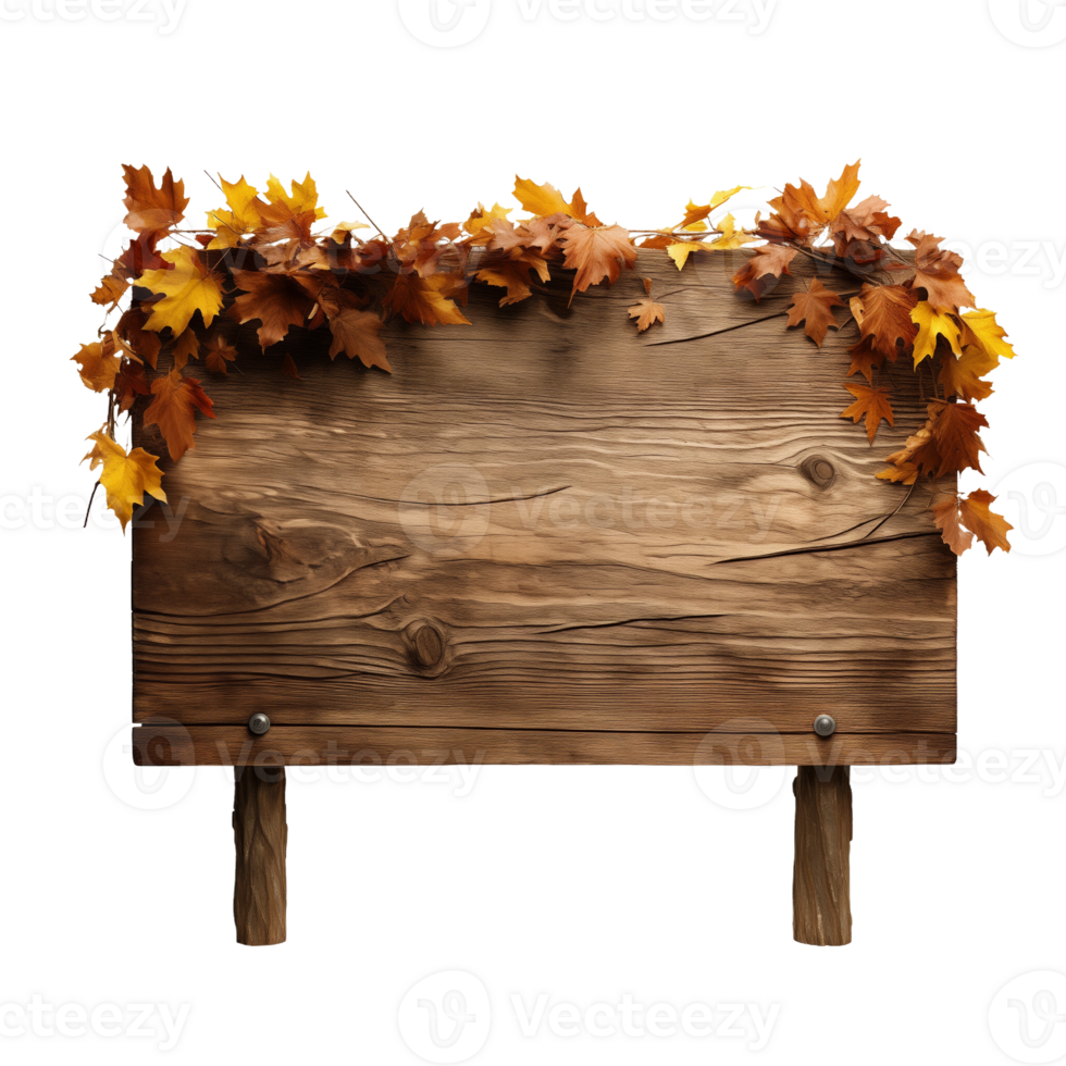 Empty wooden signboard with autumn leaves isolated on a transparent background png