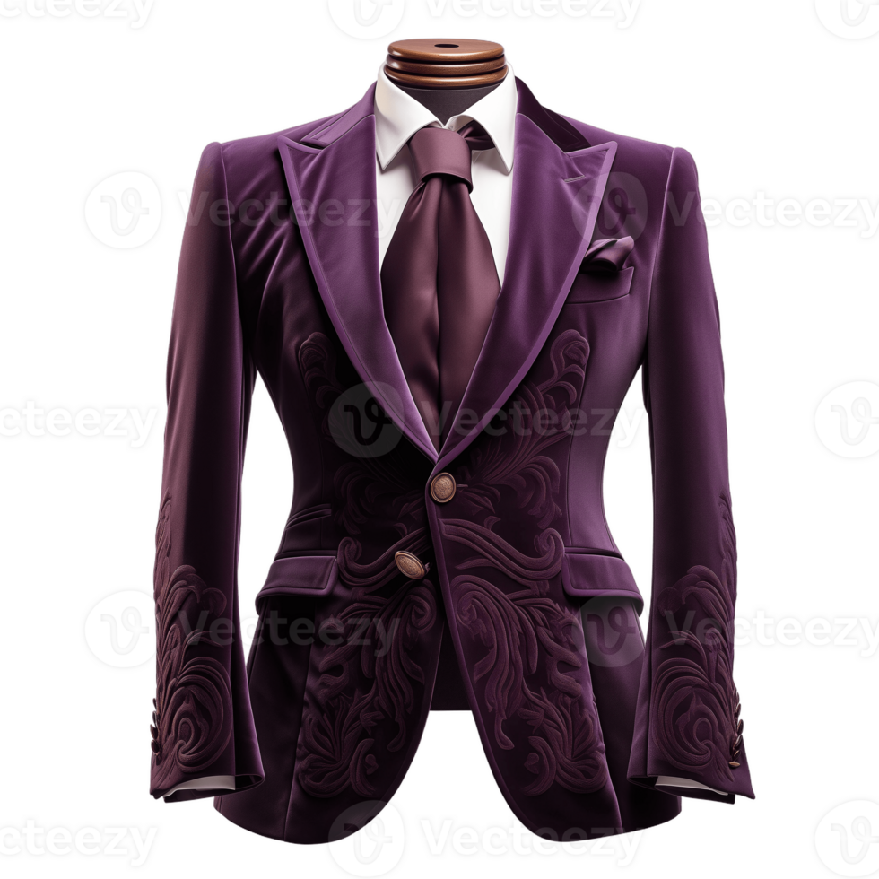 Purple velvet suit jacket with intricate embroidery detail. png