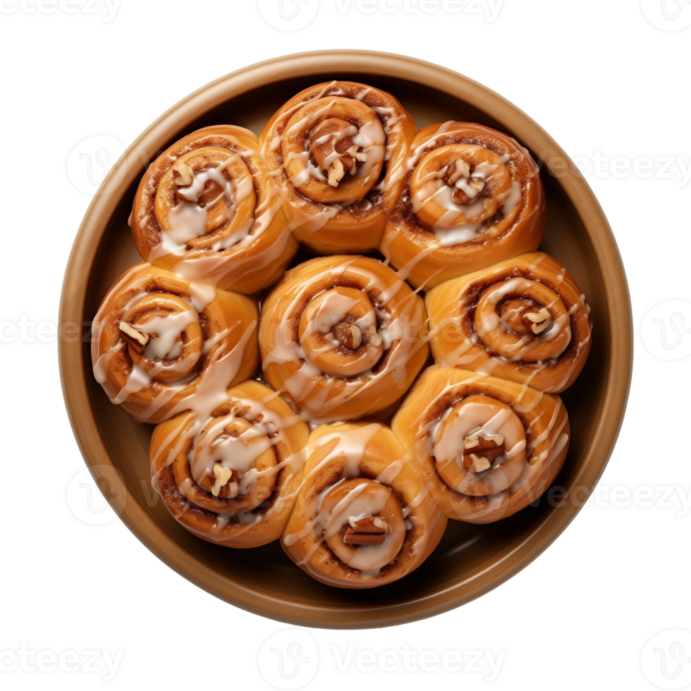 Overhead view of a plate of homemade cinnamon rolls. Freshly baked, delicious, sweet and sugary treat. png