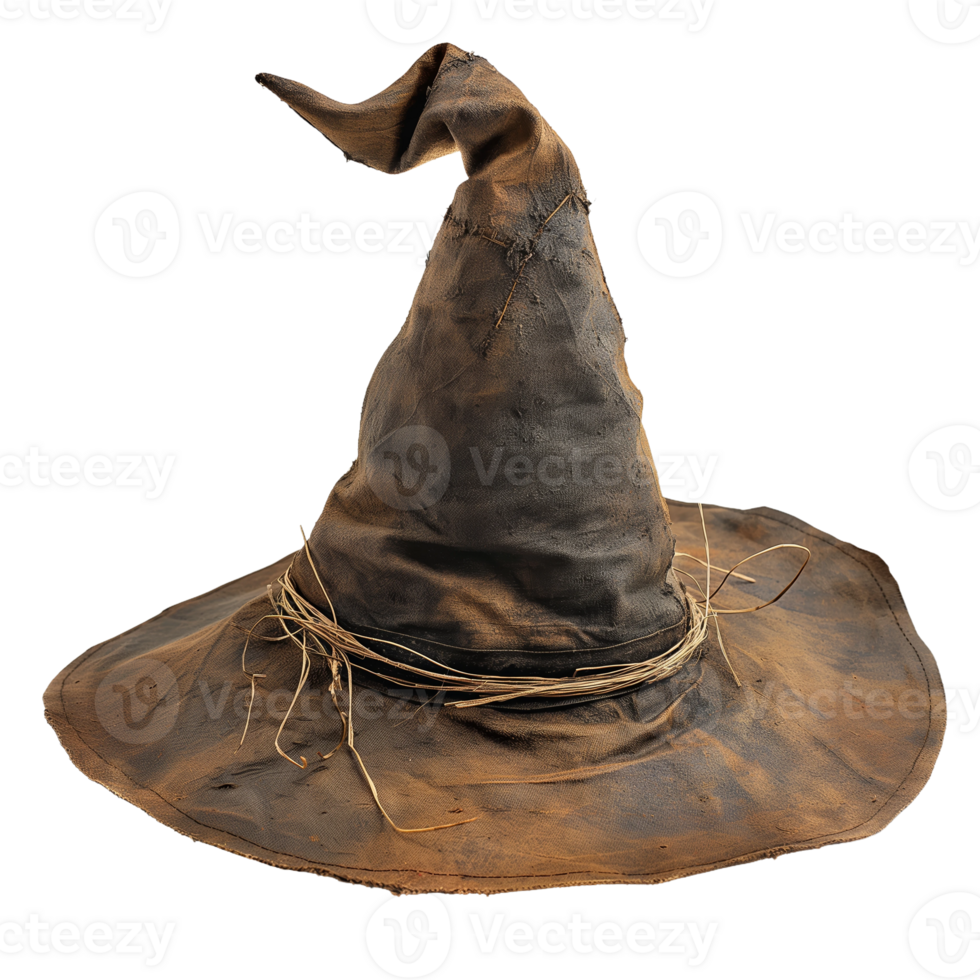 An old, weathered witch's hat, perfect for Halloween costumes or spooky settings. png