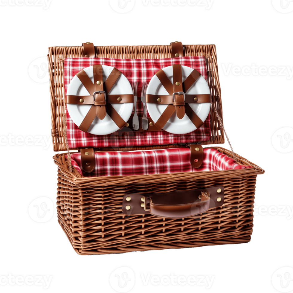 Wicker picnic basket for two with plates, cutlery, and checkered cloth inside. Perfect for romantic outings. png
