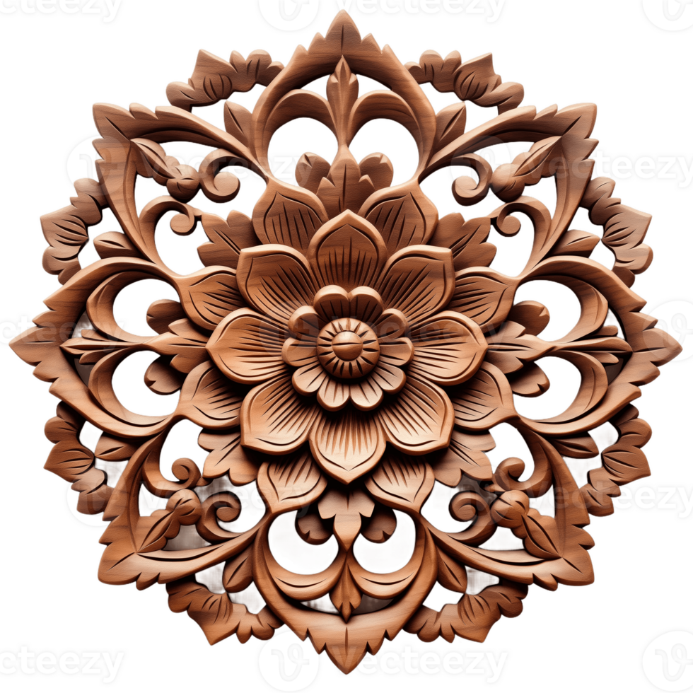 Intricately carved wooden floral ornament, handcrafted with traditional design elements. png