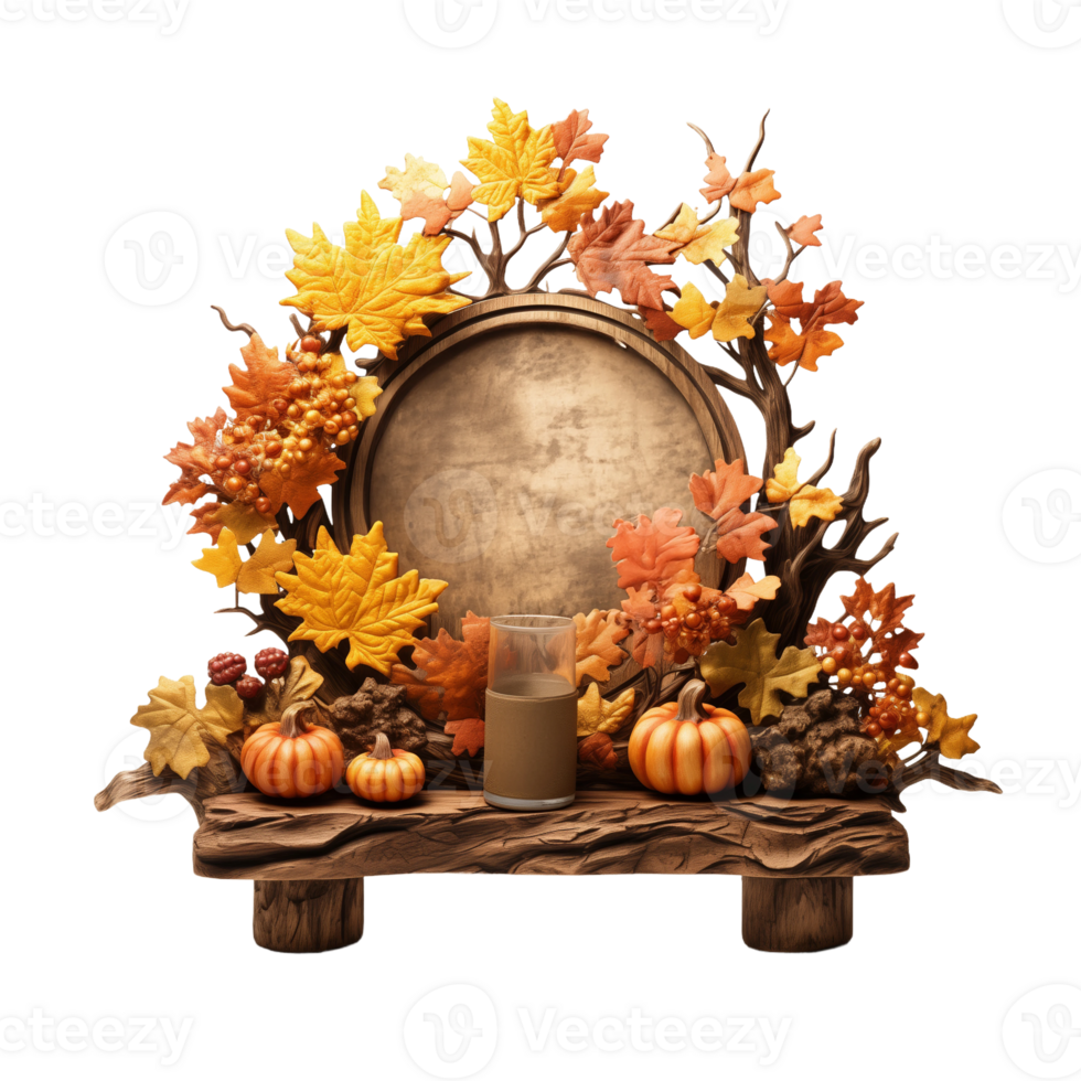 Rustic wooden autumn decoration with pumpkins, maple leaves, berries, and space for a photo. Perfect for fall and Thanksgiving. png