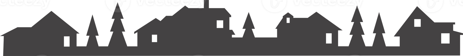 Town and village houses on skyline. Silhouette of small buildings in neighborhood. Christmas rural simple drawing. Winter country landscape with trees png