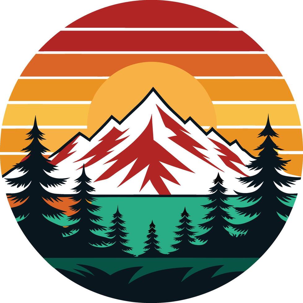 Vintage Sunset Mountain and trees vector
