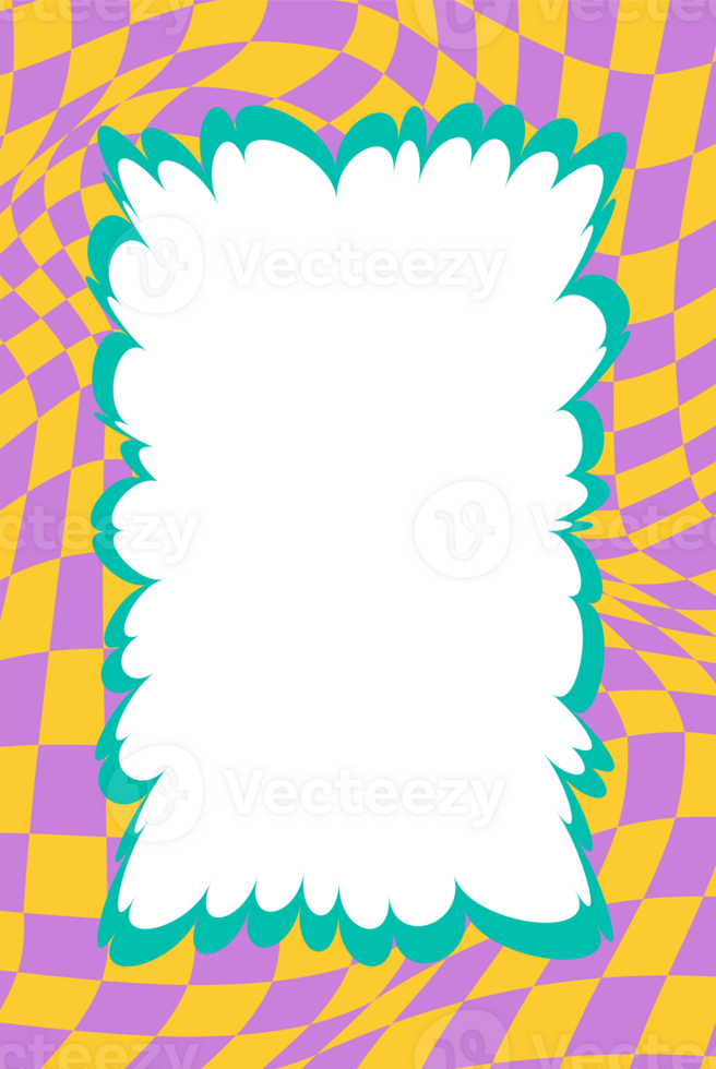 Wavy scallop border. Rectangle fun wavy chessboard frame. Cartoon hand drawn shapes for text picture and photo. Doodle groovy psychedelic template. Abstract funky y2k squiggle checkered bubble png