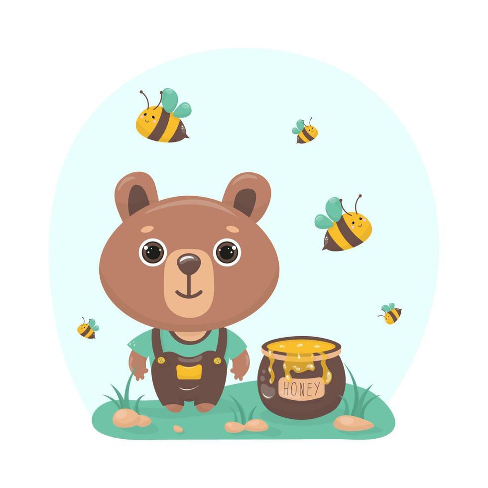 cute cartoon bear with honey and bees. Isolated image on white background. Illustration for children. vector