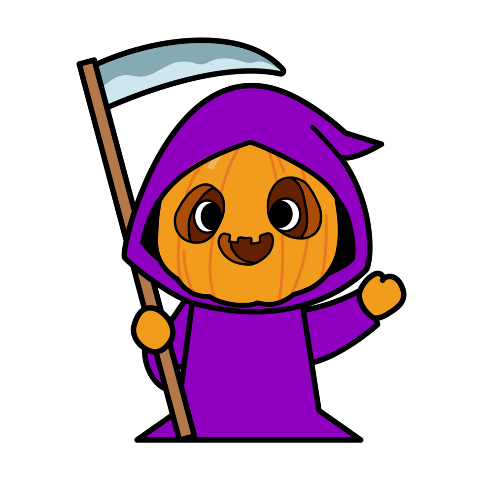 Grim Reaper pumpkin Holding Scythe Cartoon, Halloween skeleton death png