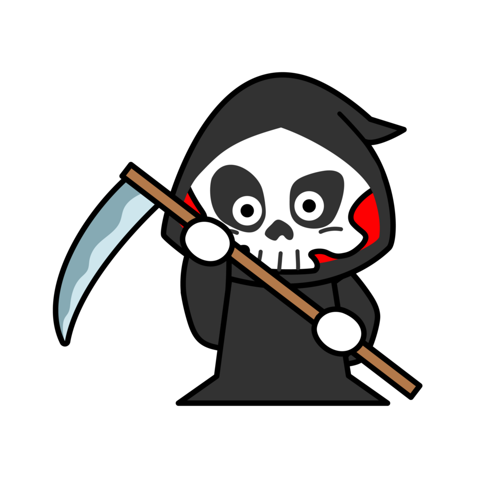 Cute Grim Reaper Holding Scythe Cartoon, Halloween skeleton death png