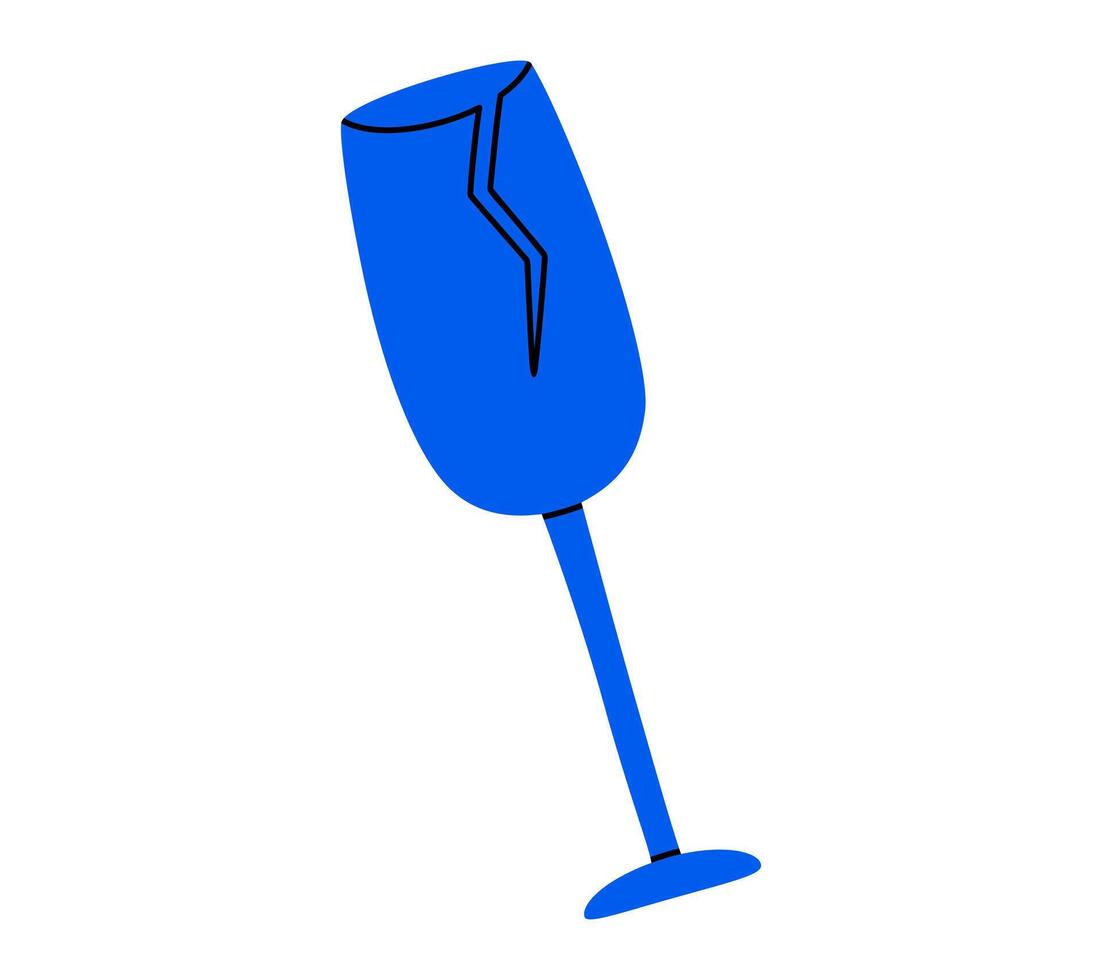 Hand drawn cute cartoon illustration broken wineglass. Flat dinnerware with crack in doodle style. Alcoholism or heavy drinking. Fragile material icon. Crisis or stress concept. Isolated. vector