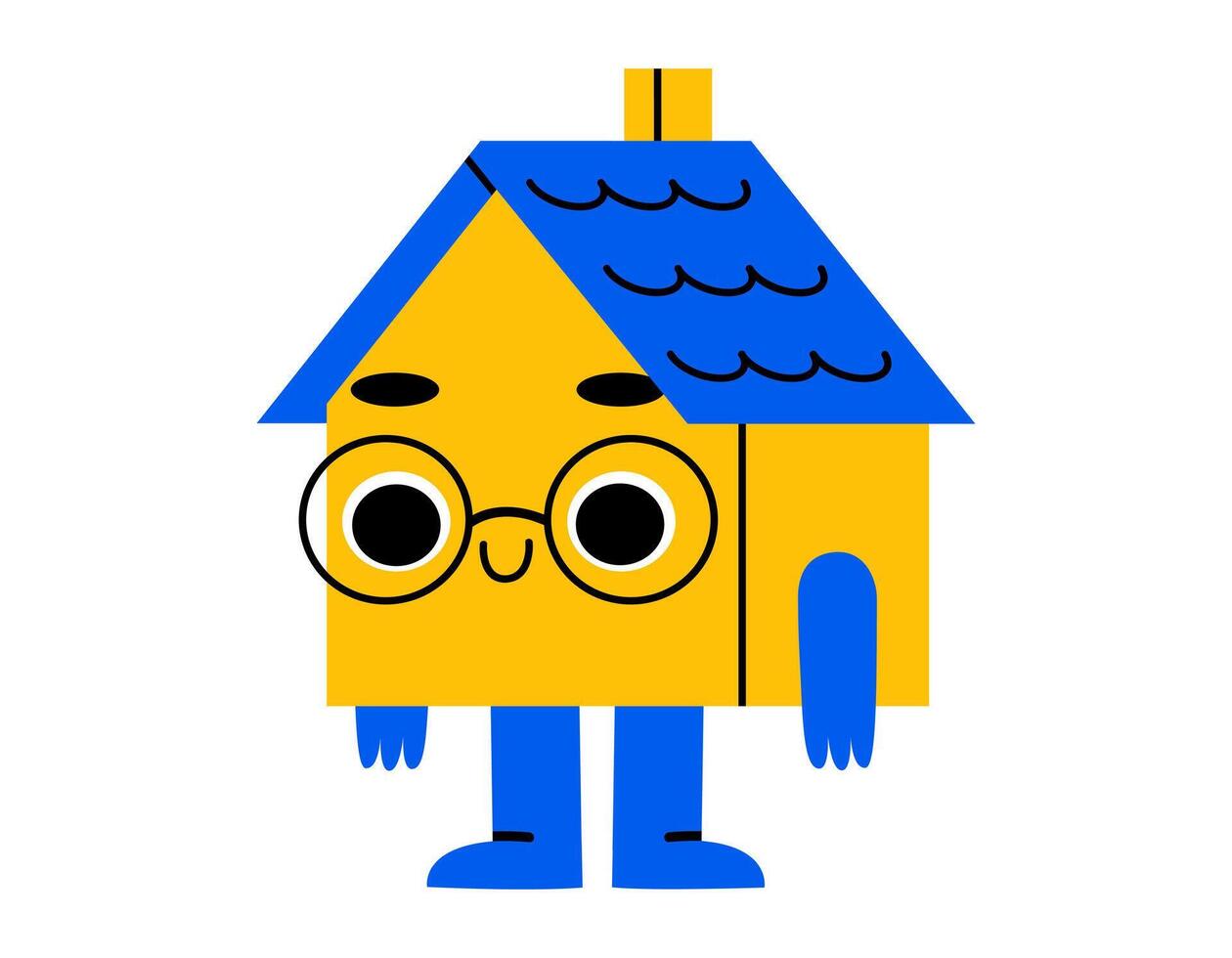 Hand drawn cute cartoon illustration house smiling character in glasses. Flat smart home technology mascot sticker doodle style. Remote automatic control computer sticker, icon. Isolated. vector
