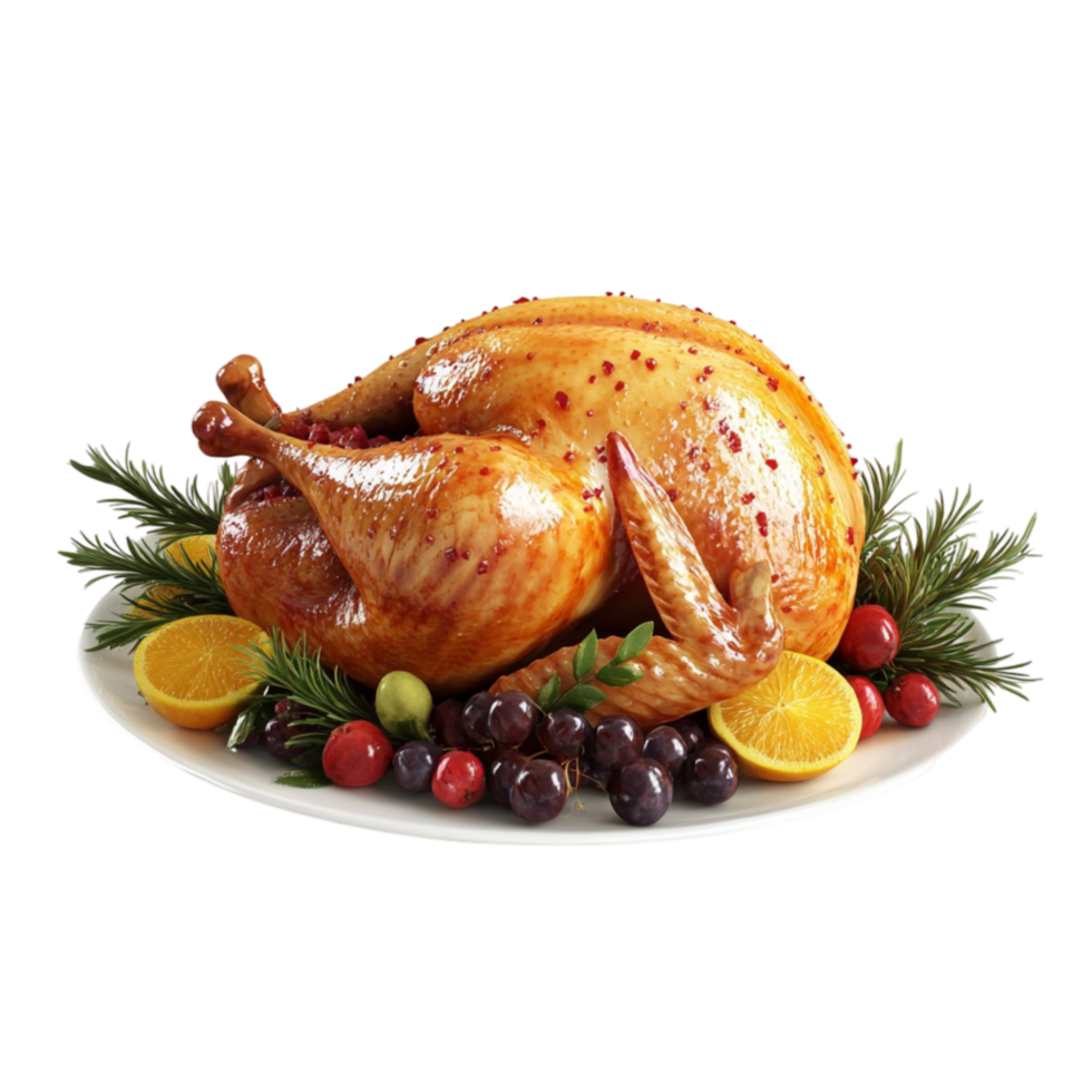 Turkey on Plate with Fruit and Berries, Transparent Background. png
