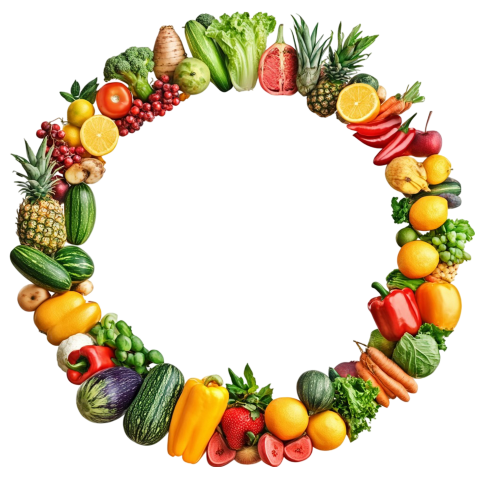 Circle of Fresh Fruits and Vegetables on Transparent Background. png