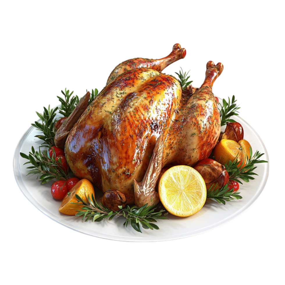Roasted Turkey on Plate with Lemon Slices on Transparent Background. png