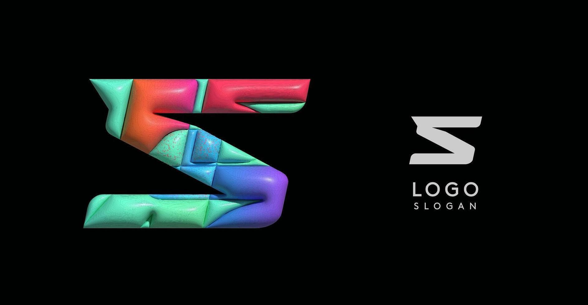 Sporty 3D bubble letter S, puzzle-like volume effect, vibrant Memphis-style cutout logo, glossy colorful design for dynamic youthful logos, shiny colored. illustration vector