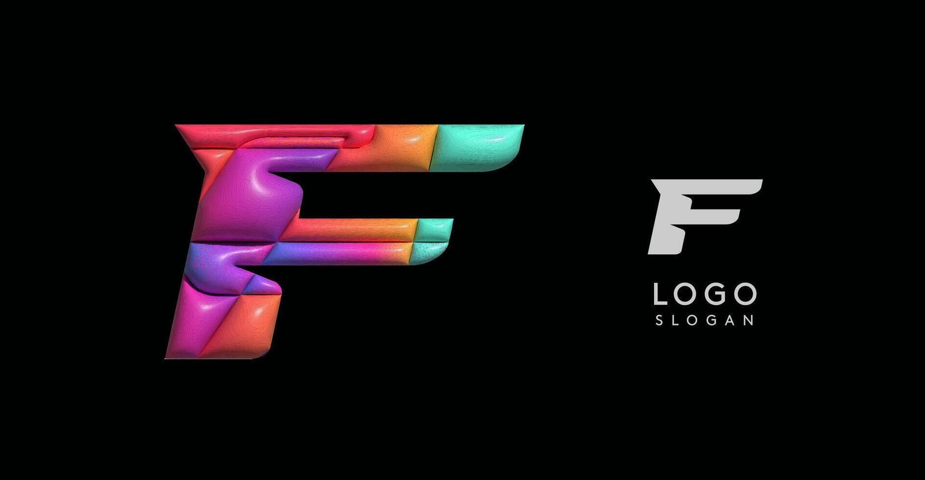 Sporty 3D bubble letter F, puzzle-like volume effect, vibrant Memphis-style cutout logo, glossy colorful design for dynamic youthful logos, shiny colored. illustration vector