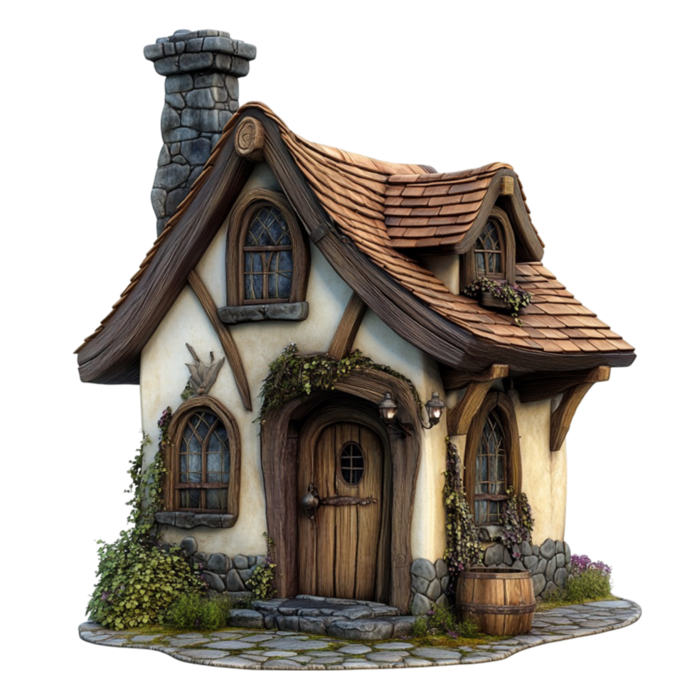 Cozy Small Cottage with Wooden Roof and Chimney on Transparent Background. png