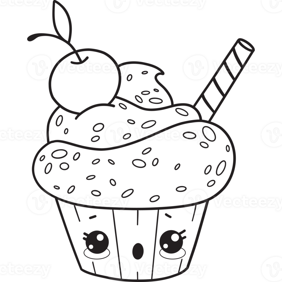 Outline cupcake with cherry character png