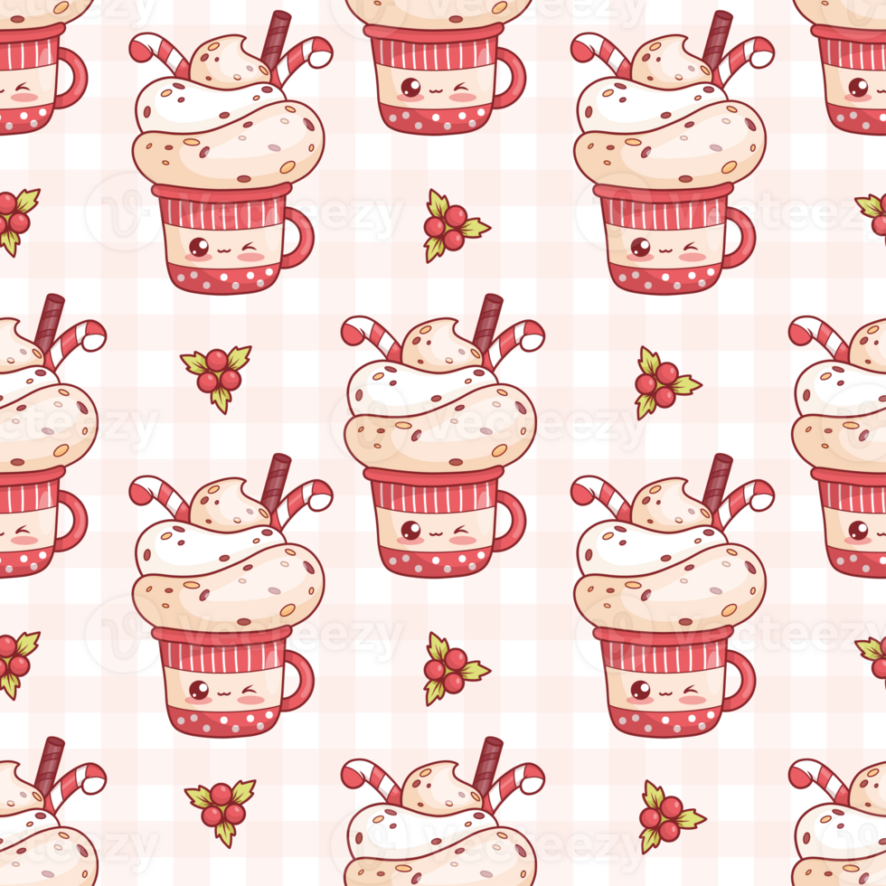 Seamless pattern with cute Christmas cup with cream dessert with striped candy on checkered background png