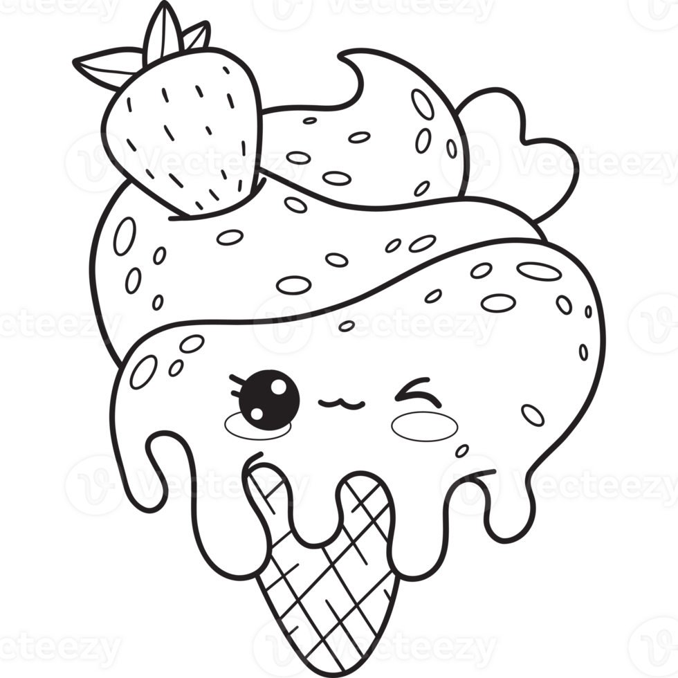 Outline ice cream cone with strawberries character png