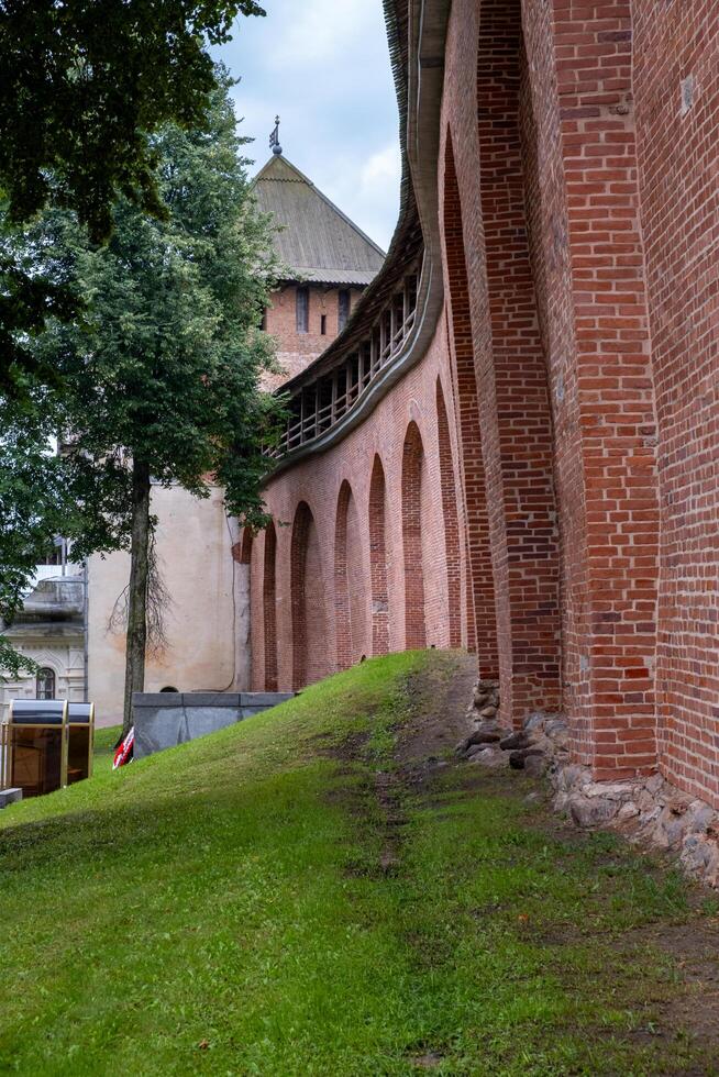 Novgorod, Russia - July 29, 2024. View of the fortress wall of the Novgorod Kremlin. Selective focus. photo