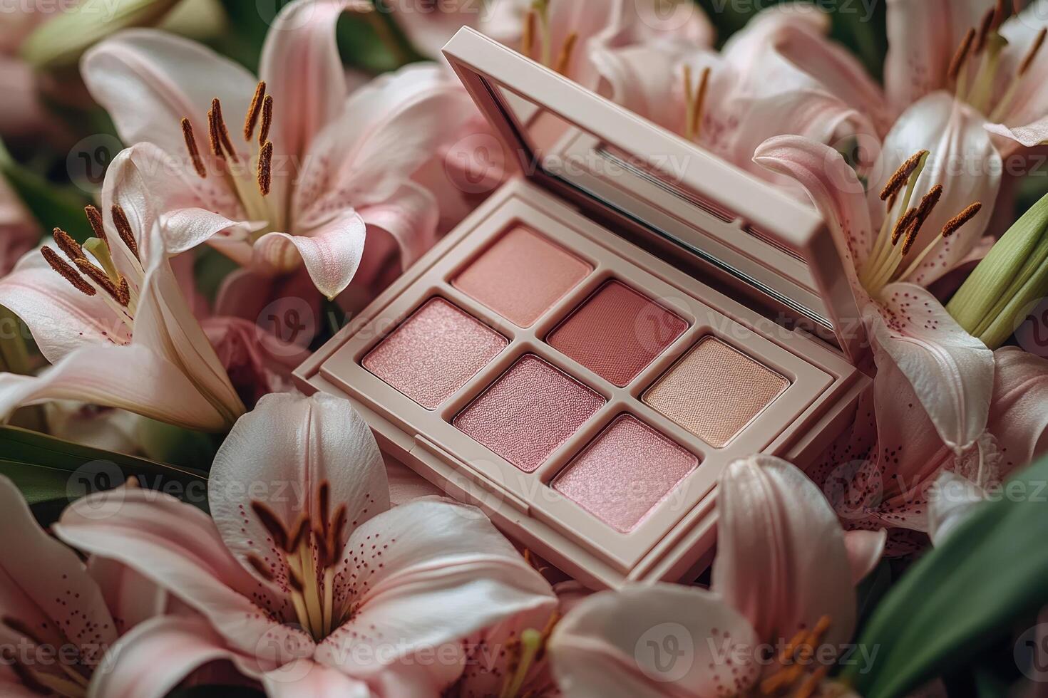Soft blush palettes in rosy tones, set against a backdrop of blurred lilies. Professional shot highlighting the gentle hues and smooth texture of the blush palettes. photo