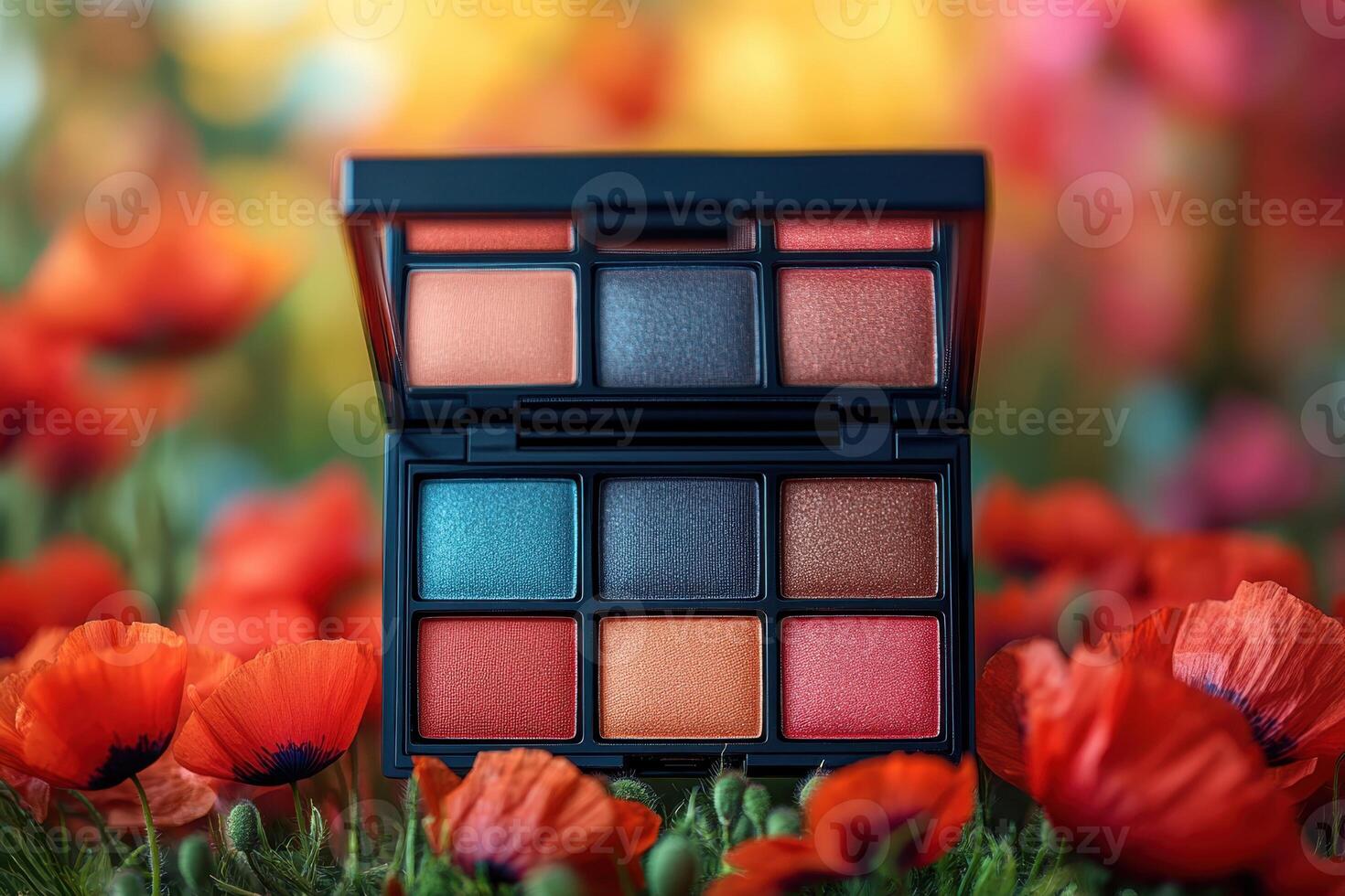Rich eyeshadow palettes with warm colors, set against a blurred background of poppies. Professional shot highlighting the deep tones and luxurious appeal of the palettes. photo